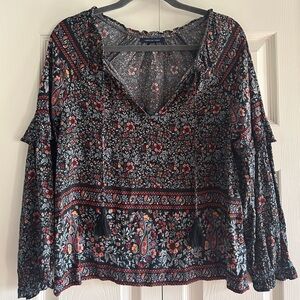 American Eagle Blouse Size S Peasant Floral Long Sleeve Blue Red Boho Ruffle